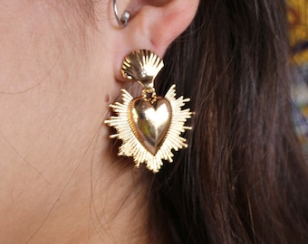 Mexican Heart Earrings (Flaming Heart Earrings Earrings Milagro Earrings Sacred Heart Valentines Day Earrings Gold Frida Khalo Costume)