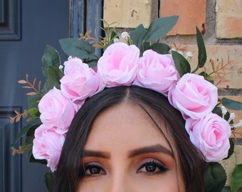 Pink Flower Crown Headband (Mexican Wedding Bridal Headpiece Bride Party Music Festival Boho Bridesmaids Adult Wreath Magenta)