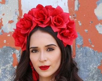 Red Rose Flower Crown Headband (Mexican Wedding Bridal Headpiece Bride Music Festival Boho Wedding Gypsy Bridesmaids Wreath Adult Girl)