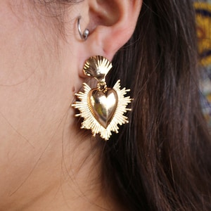 Mexican Heart Earrings Flaming Heart Earrings Earrings Milagro Earrings Sacred Heart Valentines Day Earrings Gold Frida Khalo Costume image 1