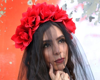 Red Rose WITH BLACK VEIL Flower Crown (Headband Mexican Headpiece Festival Gothic Wedding Goth Costume Wreath Day of the Dead)