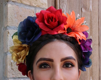 Flower Crown Headband (Mexican Gift Bride Bridal Wedding Bohemian Flower Halo Costume Day of the Dead Headpiece Wreath Catrina Frida Kahlo)