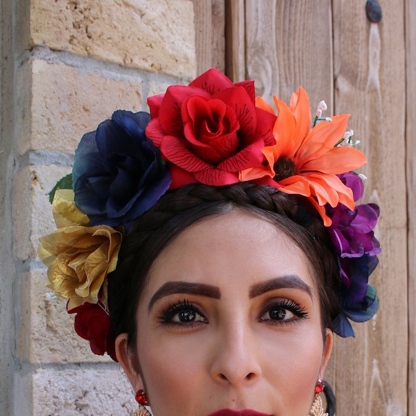 Flower Crown Headband (Mexican Gift Bride Bridal Wedding Bohemian Flower Halo Costume Day of the Dead Headpiece Wreath Catrina Frida Kahlo)