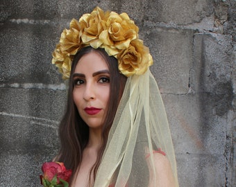 Gold Rose WITH GOLD VEIL Flower Crown (Headband Mexican Headpiece Festival Gothic Wedding Goth Costume Wreath Day of the Dead)