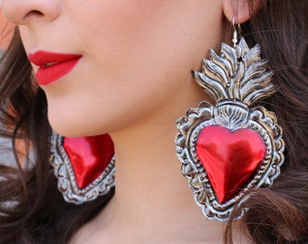 Mexican Earrings (Flaming Heart Earrings Tin Kahlo Frida Earrings Milagro Earrings Sacred Heart Hojalata Red Valentines Day Earrings)