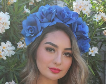 Royal Blue Flower Crown Headband (Bridal Headpiece Bridesmaids Boho Wedding Mexican Floral Crown Flower Girl Wreath Day of the Dead Party)