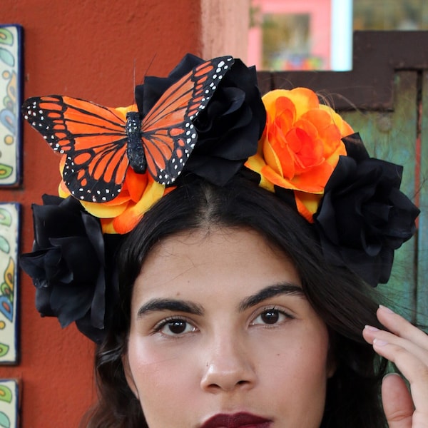 Monarch Butterfly Flower Crown Headband (Monarch Butterflies Fairy Faerie Costume Butterfly Headpiece Wreath Boho Wedding Bridal Party)