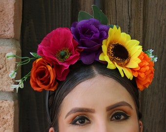 Flower Crown Headband (Mexican Gift Bride Bridal Wedding Bohemian Flower Halo Costume Day of the Dead Headpiece Wreath Catrina Frida Kahlo)