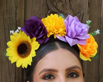 Purple Yellow Flower Crown Headband (Mexican Wedding Bridal Headpiece Bride Party Music Festival Boho Gypsy Bridesmaids Adult Wreath Girl)