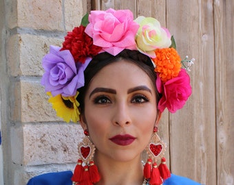 Flower Crown Headband (Mexican Gift Bride Bridal Wedding Bohemian Flower Halo Costume Day of the Dead Headpiece Wreath Catrina Frida Kahlo)