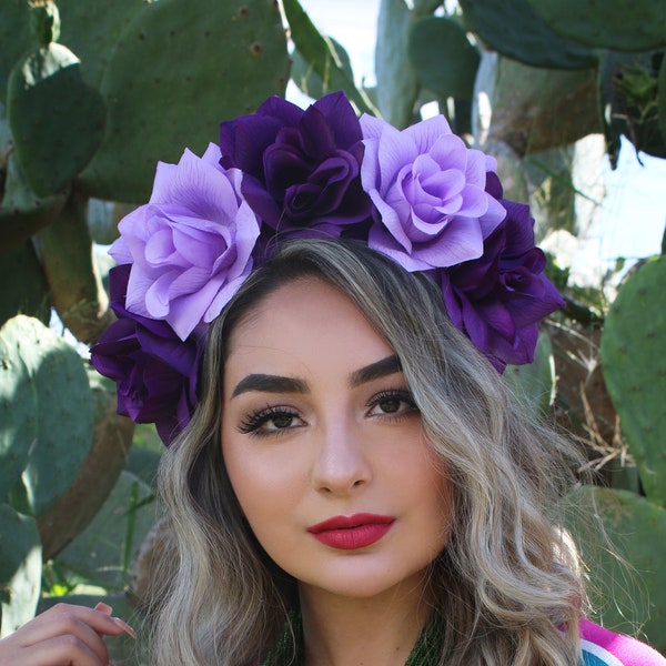 Purple Flower Crown Headband (Mexican Day of the Dead Costume Headpiece Sugar Skull Costume Goth Gothic Catrina Headdress Wreath Skull)