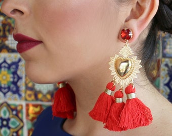 Tassel Mexican Earrings (Flaming Heart Earrings Earrings Milagro Earrings Sacred Heart Earrings Valentines Day Earrings Frida Khalo Costume)