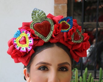 Red Rose Flower Crown Headband Monarch Hearts (Butterfly Frida Costume Flower Headpiece Mexican Bride Frida Kahlo Costume Day of the Dead)