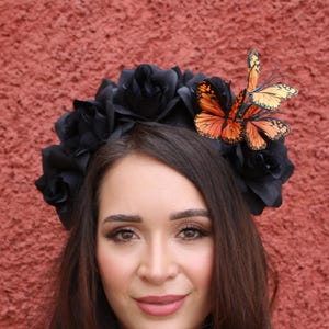 Black Flower Crown Headband Monarch Butterflies (Butterfly Hippie Flower Halo Wreath Headpiece Woodland Wedding Bride Bridal Fairy Costume)