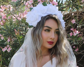 White Rose WITH VEIL Flower Crown (Headband Mexican Headpiece Bridal Veil Floral Gypsy Boho Wedding Flower Crown Veil Bachelorette Party)