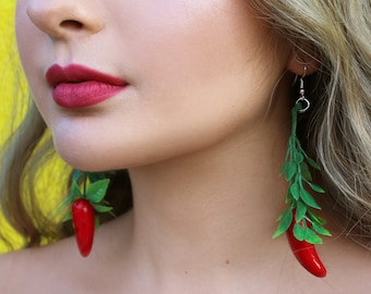 Chili Pepper Earrings (Fruit Earrings Chili Fruits Spicy Mama Thai Chili Pepper Crown Mexican Costume Red Hot)