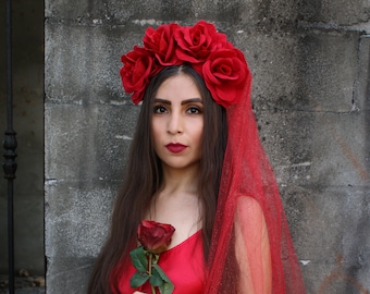 Red Rose WITH RED VEIL Flower Crown (Headband Mexican Headpiece Festival Gothic Wedding Goth Costume Wreath Day of the Dead Glitter Veil)