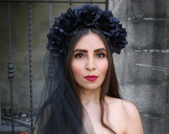 Black Rose WITH BLACK VEIL Flower Crown (Headband Mexican Headpiece Festival Gothic Wedding Goth Costume Wreath Day of the Dead)