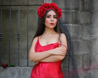 Red Rose WITH BLACK VEIL Flower Crown (Headband Mexican Headpiece Festival Gothic Wedding Goth Costume Wreath Day of the Dead)