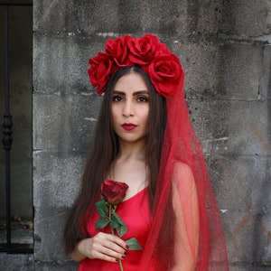 Red Rose WITH RED VEIL Flower Crown (Headband Mexican Headpiece Festival Gothic Wedding Goth Costume Wreath Day of the Dead Glitter Veil)