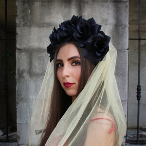 Black Rose WITH GOLD VEIL Flower Crown (Headband Mexican Headpiece Festival Gothic Wedding Goth Costume Wreath Day of the Dead)