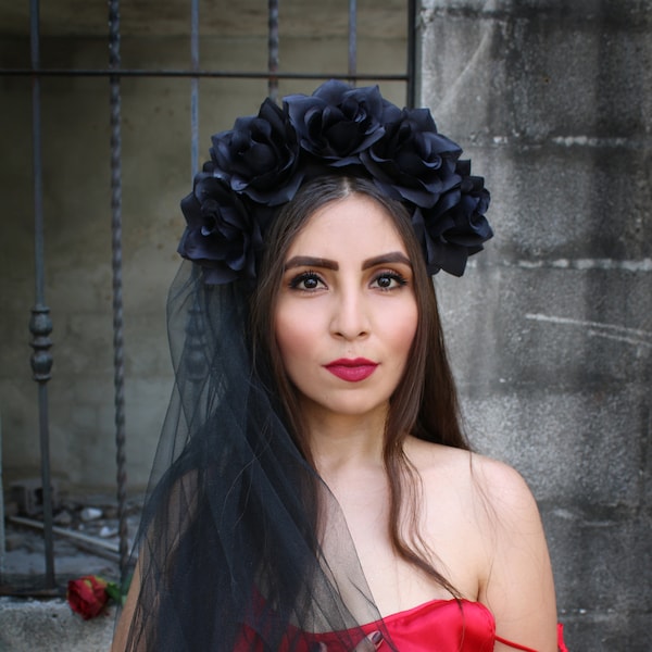 Black Rose WITH BLACK VEIL Flower Crown (Headband Mexican Headpiece Festival Gothic Wedding Goth Costume Wreath Day of the Dead)