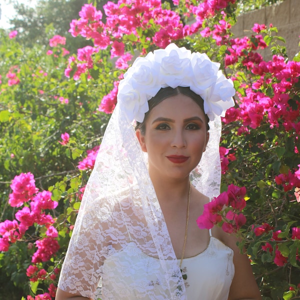 White Rose WITH VEIL Flower Crown (Headband Mexican Headpiece Bridal Veil Floral Gypsy Boho Wedding Flower Crown Veil Bachelorette Party)