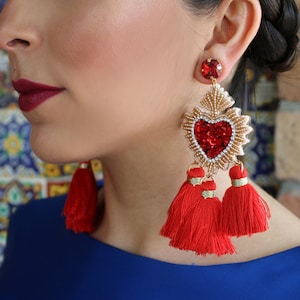 Tassel Mexican Earrings (Flaming Heart Earrings Earrings Milagro Earrings Sacred Heart Halloween Day of the Dead Frida Khalo Costume)