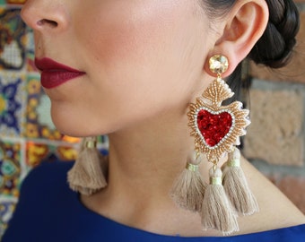 Tassel Mexican Earrings (Flaming Heart Earrings Earrings Milagro Earrings Sacred Heart Halloween Day of the Dead Frida Khalo Costume)