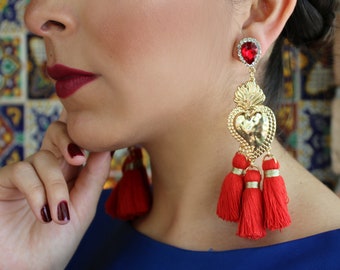 Tassel Mexican Earrings (Flaming Heart Earrings Earrings Milagro Earrings Sacred Heart Valentines Day Earrings Frida Khalo Costume)