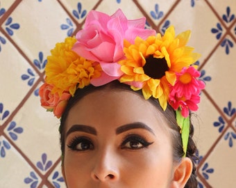 Flower Crown Headband (Costume Day of the Dead Headpiece Wreath Dia De los Muertos Catrina Sugar Skull Mexican Gift Bride Bridal Wedding)