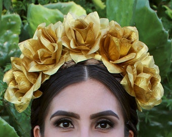 Gold Flower Crown Headband (Mexican Winter Wedding Bridal Headpiece Bride Party Music Festival Boho Gypsy Bridesmaids Day of the Dead)
