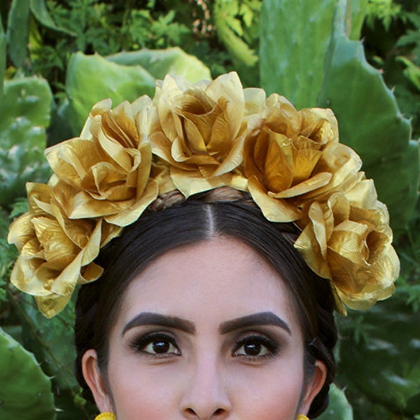 Gold Flower Crown Headband (Mexican Winter Wedding Bridal Headpiece Bride Party Music Festival Boho Gypsy Bridesmaids Day of the Dead)