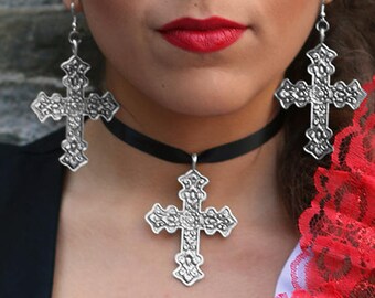 Silver Cross Choker (Mexican Wedding Necklace Religious Catholic Mexico Jewelry Boho Gypsy Christmas Gift for Her Stocking Stuffer)