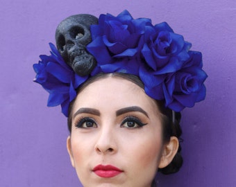 Blue Flower Crown Headband (Frida Kahlo Costume Day of the Dead Headpiece Catrina Mexican Headdress Halloween Sugar Skull Costume)