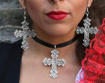 Silver Cross Earrings (Mexican Wedding Earrings Religious Catholic Earrings Gift Her Statement Earrings Fashion Mexico Jewelry Boho Gypsy)