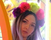 Pink Green Purple Flower Crown Headband (Mexican Wedding Bridal Headpiece Bride Music Festival Boho Gypsy Bridesmaids Adult Wreath Party)