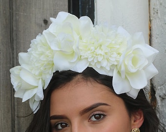 Ivory Flower Crown Headband (Winter Wedding Bridal Headpiece Bride Party Music Festival Boho Gypsy Bridesmaids Adult Wreath Party)