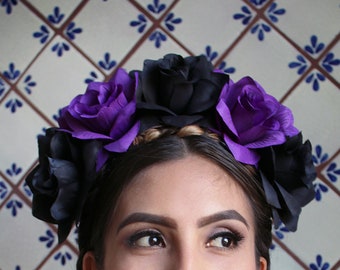 Purple Black Flower Crown Headband (Mexican Day of the Dead Costume Headpiece Sugar Skull Costume Goth Gothic Catrina Headdress Wreath Skull