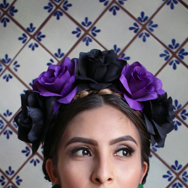 Purple Black Flower Crown Headband (Mexican Day of the Dead Costume Headpiece Sugar Skull Costume Goth Gothic Catrina Headdress Wreath Skull