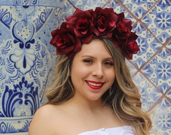 Dark Red Rose Flower Crown Headband (Mexican Wedding Bridal Headpiece Bride Music Festival Boho Bridesmaids Bohemian Gypsy Frida Kahlo)