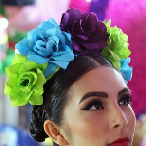 Purple Blue Green Flower Crown Headband (Gothic Costume Day of the Dead Headpiece Wreath Dia De los Muertos Catrina Sugar Skull Skeleton)