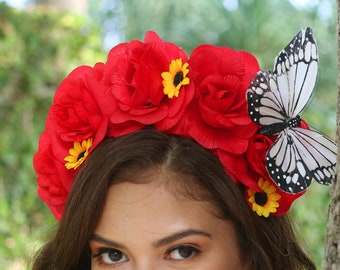 Red Rose Flower Crown Headband Butterflies (Butterfly Gypsy Hippie Flower Halo Wreath Headpiece Woodland Wedding Bride Bridal Fairy Costume)