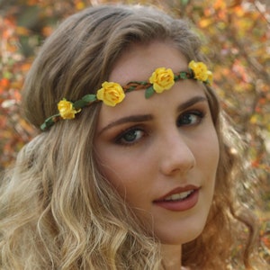 Yellow Rose Floral Flower Crown Headband (Bride Sorority Carol Costume Halloween Baskin Festival Crown Photo Shoot Crown King Tiger)