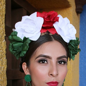 Mexican Flower Crown Headband (Red White Green Costume Day of the Dead Headpiece Wreath Mexican Wedding Cinco De Mayo Head Crown Costume)