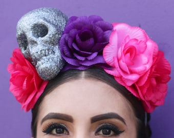 Pink Purple Flower Crown Headband (Mexican Day of the Dead Costume Headpiece Sugar Skull Costume Goth Gothic Catrina Headdress Wreath Skull)