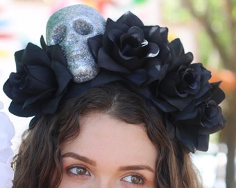 Black Flower Crown Headband (Costume Day of the Dead Headpiece Wreath Dia De los Muertos Sugar Skull Skeleton Headdress Goth)