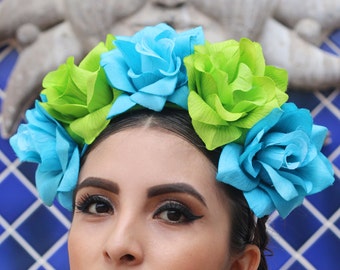 Green Blue Flower Crown Headband (Mexican Winter Wedding Bridal Headpiece Bride Party Music Festival Boho Gypsy Bridesmaids Day of the Dead)