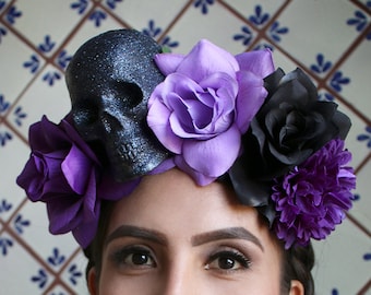 Purple Black Flower Crown Headband (Mexican Day of the Dead Costume Headpiece Sugar Skull Costume Goth Gothic Catrina Headdress Wreath Skull