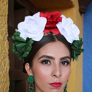 Mexican Flower Crown Headband (Red White Green Costume Day of the Dead Headpiece Wreath Mexican Wedding Cinco De Mayo Head Crown Costume)